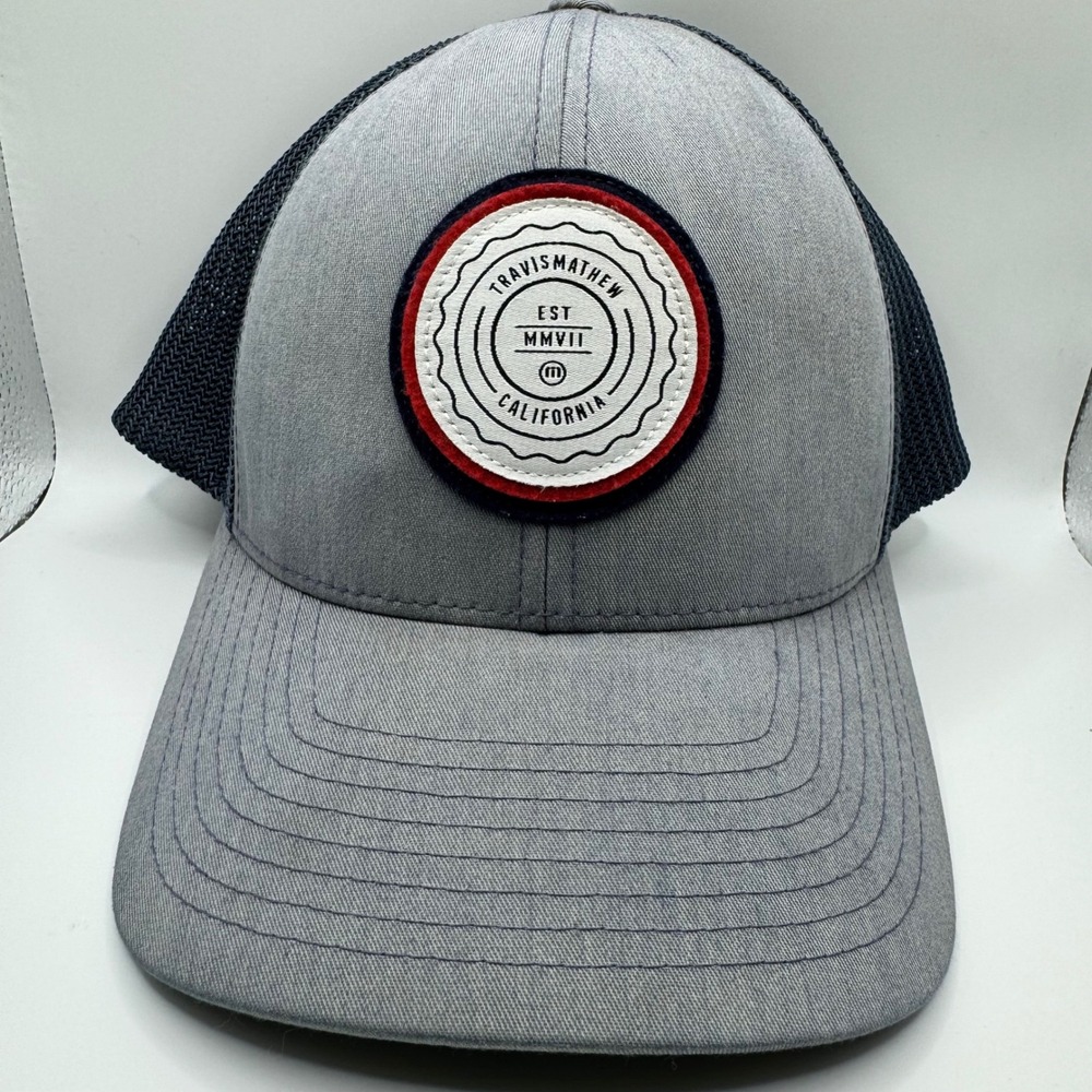 Travis Mathew Mens Flexfit 110 Trucker Hat Grey Navy The Patch Golf Cap
